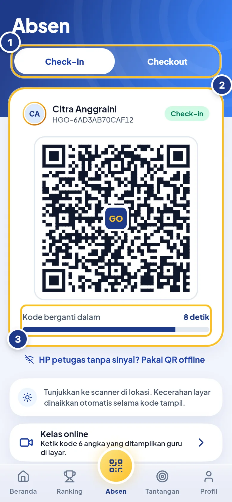 Tab Absen dengan QR, pilihan Check-in atau Checkout, dan hitungan mundur