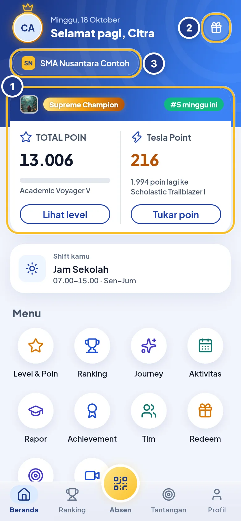 Bagian atas Beranda: sapaan, kartu Ringkasan saya, dan nama organisasi