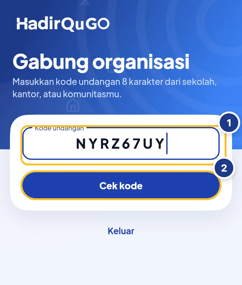 Halaman Gabung organisasi dengan kolom kode undangan
