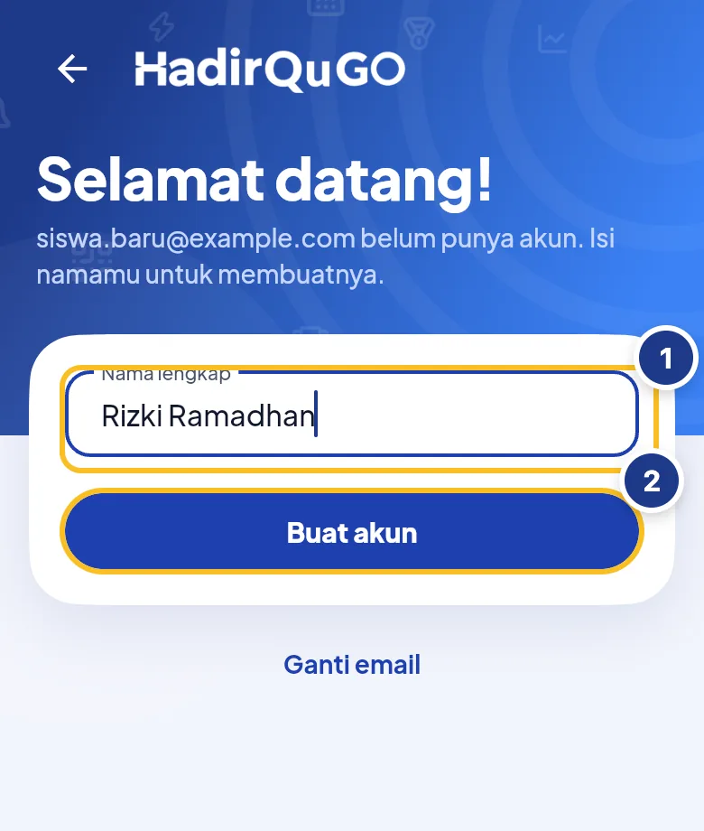 Halaman Selamat datang untuk mengisi nama lengkap