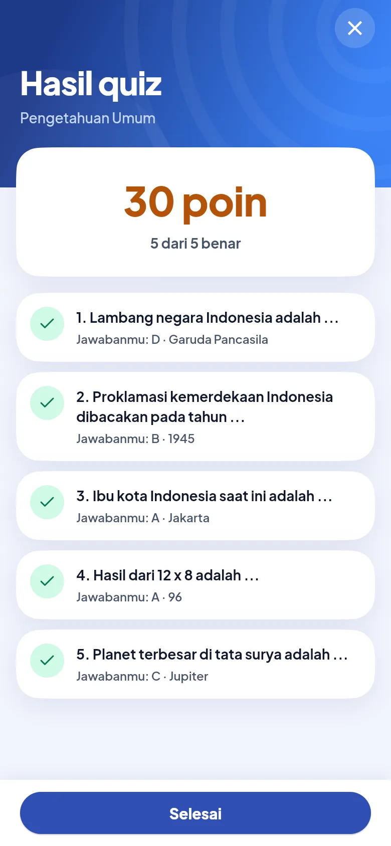 Hasil quiz dengan poin dan jawaban benar