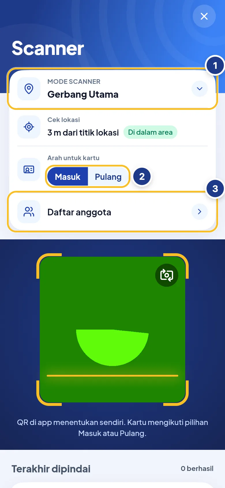 Layar scanner dengan pilihan lokasi