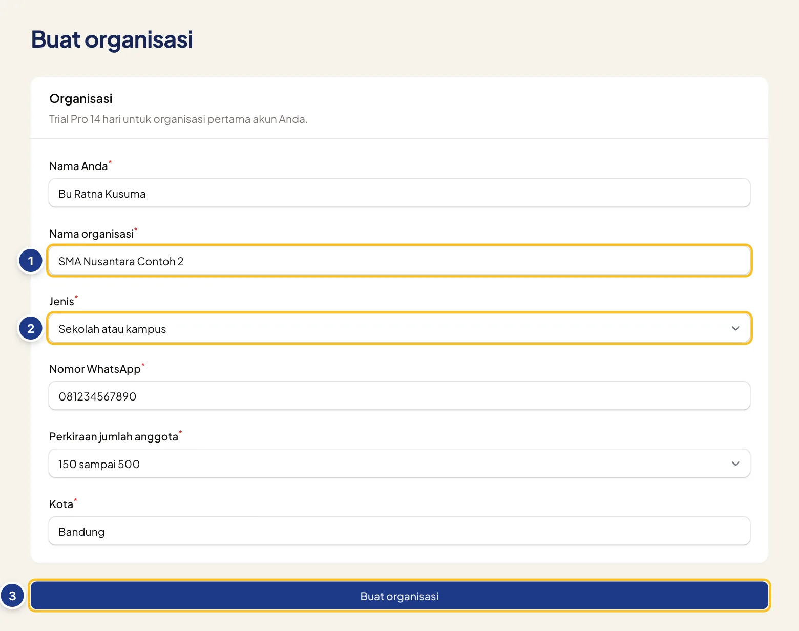 Formulir Buat organisasi yang sudah diisi