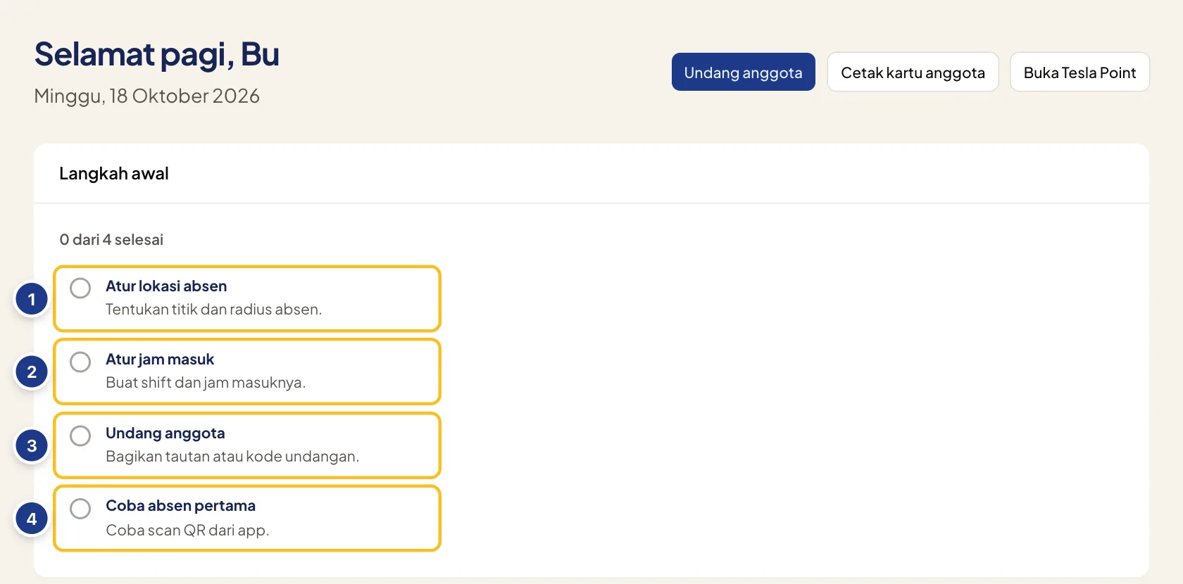 Dasbor organisasi baru dengan kotak Langkah awal berisi empat langkah